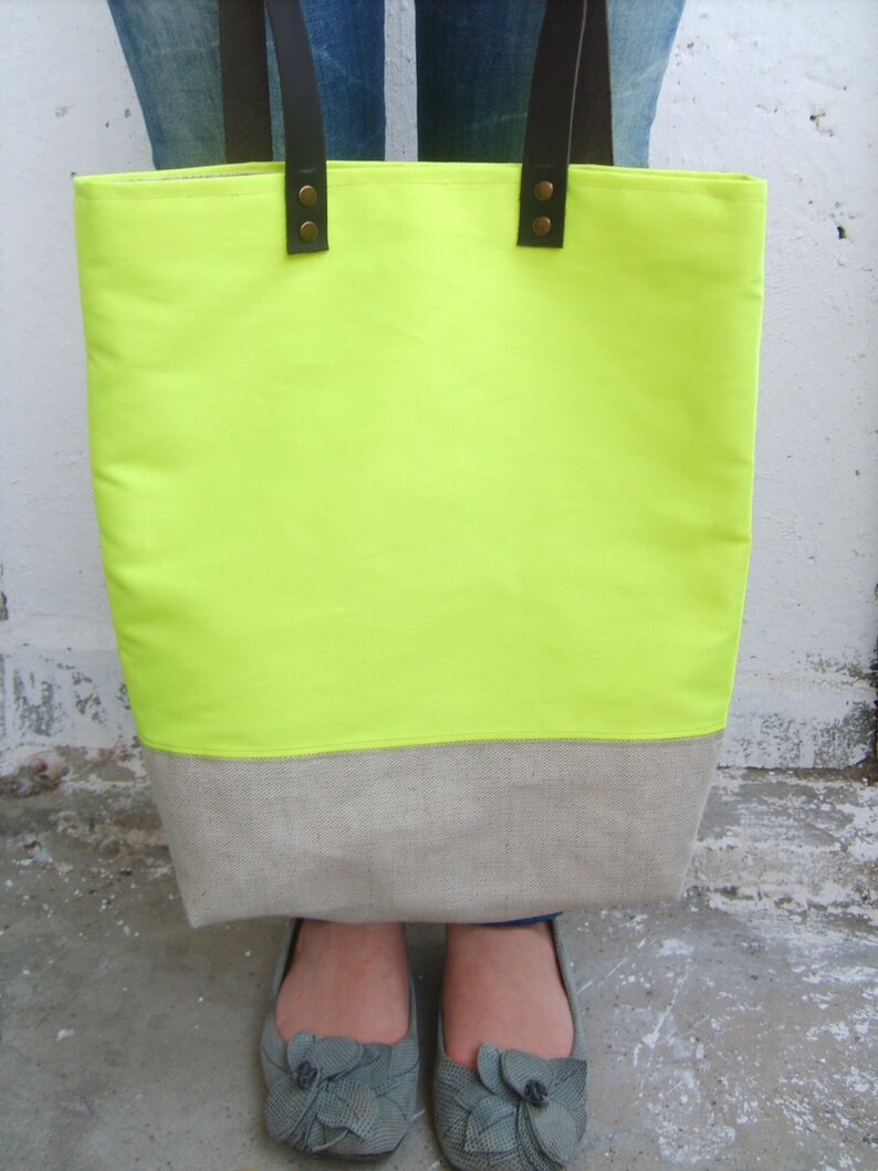 Neon Yellow Tote Bag Leather Handles Beach Bag Large Summer - Etsy