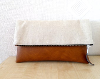 Leather and linen clutch purse, Vegan leather clutch,  Colorblock clutch, Toffee, Caramel brown, Cognac brown, Honey brown zipper clutch