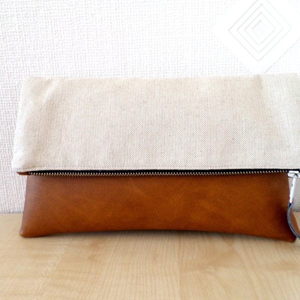 Leather and linen clutch purse, Vegan leather clutch,  Colorblock clutch, Toffee, Caramel brown, Cognac brown, Honey brown zipper clutch