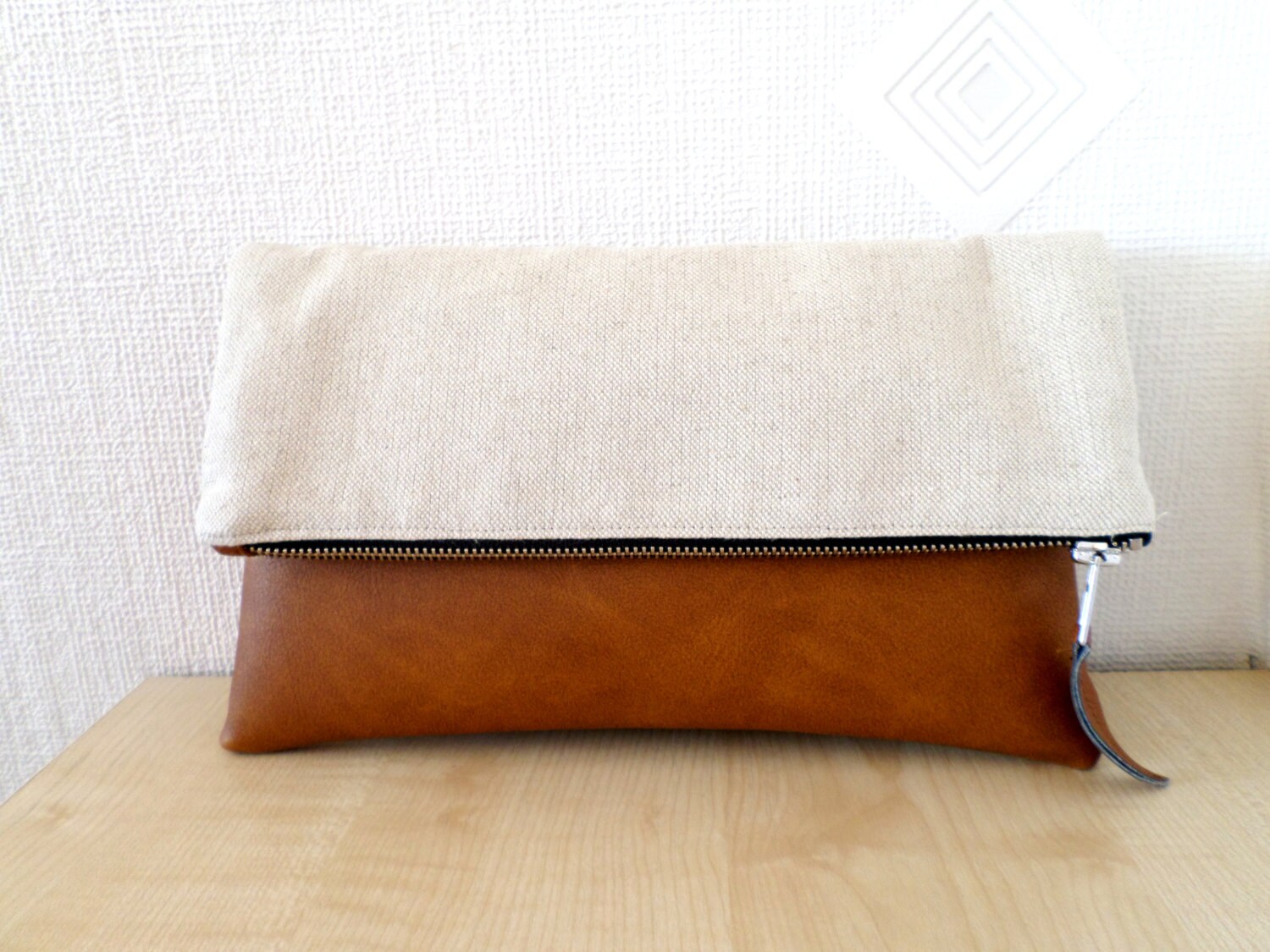 Leather and Linen Clutch Purse, Vegan Leather Clutch