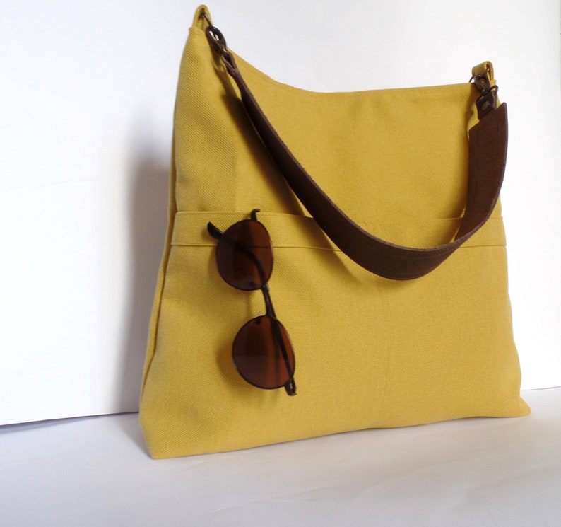 Mustard yellow hobo bag, Linen and cotton hobo purse, Everyday casual simple shoulder bag, Pocket bag, Mustard hobo tote, Real leather strap image 1