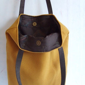 Mustard yellow bag, mustard yellow tote, leather straps, fall shoulder bag, autumn tote image 4