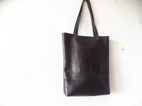Black Full Grain Leather Tote Bag With Exterior Pocket - Etsy
