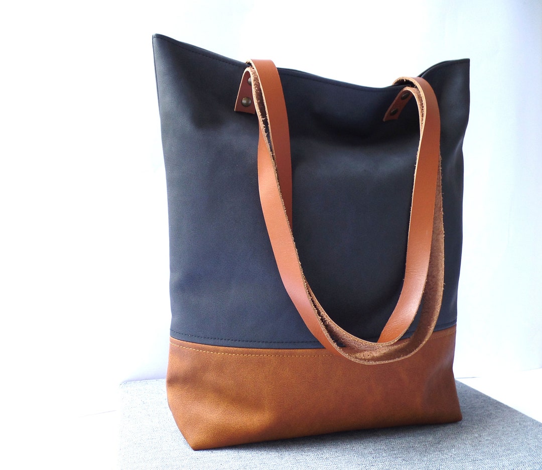 Black & Cognac Vegan Leather Tote Bag With Real Leather Handles - Etsy