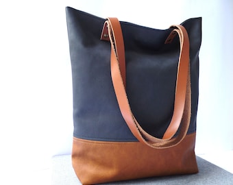 Leather tote bag, Large everyday casual tote bag, Black and cognac brown vegan leather tote shoulder bag with real leather handles