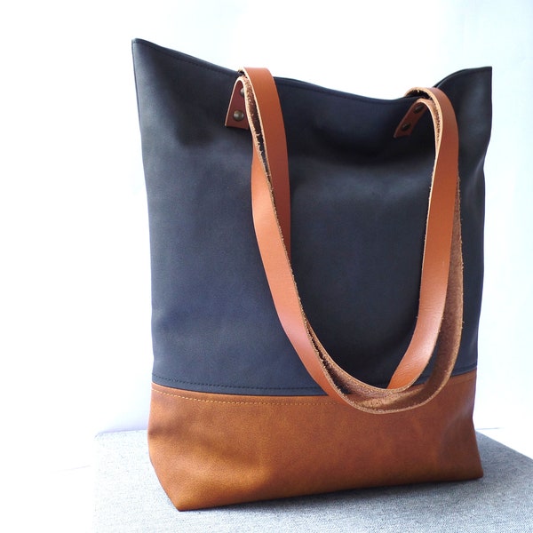 Leather tote bag, Large everyday casual tote bag, Black and cognac brown vegan leather tote shoulder bag with real leather handles