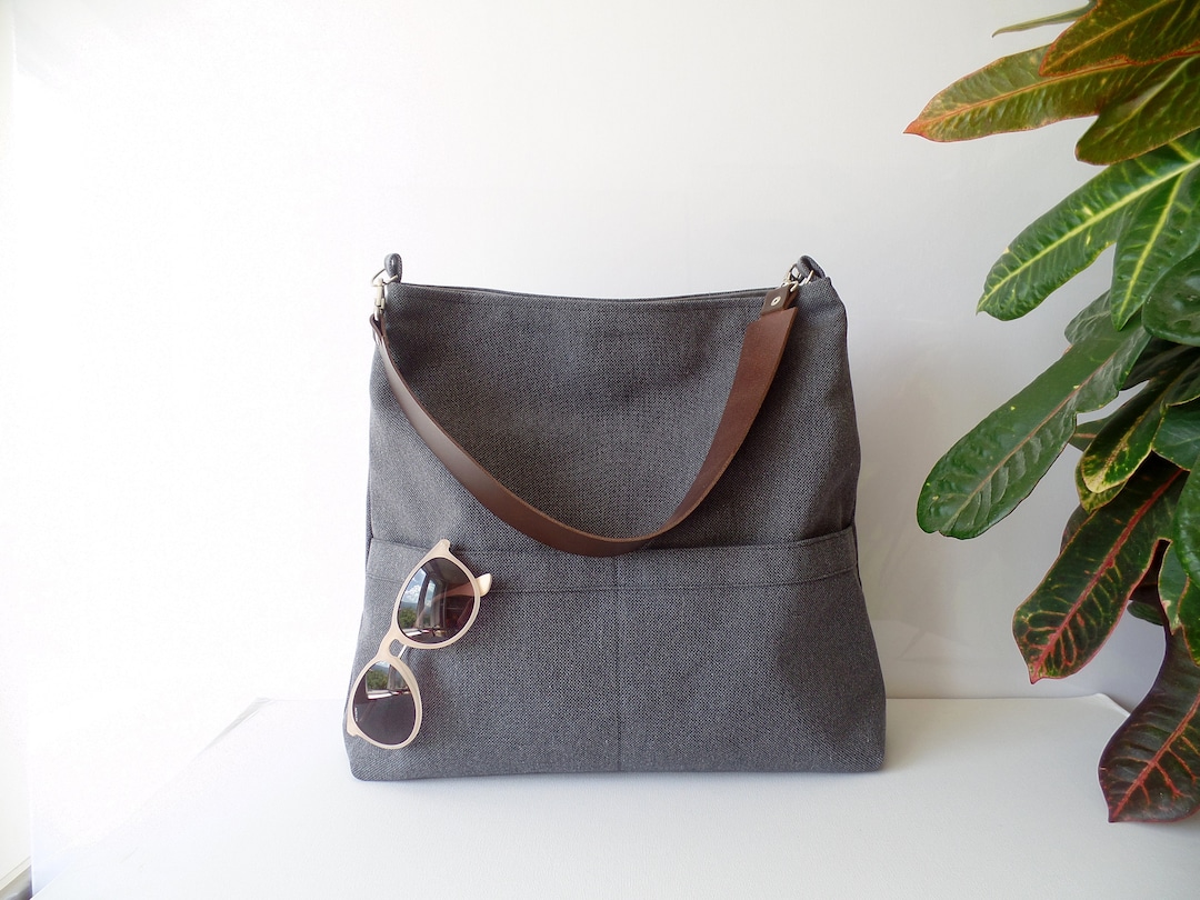 Charcoal Gray Hobo Shoulder Bag With Real Leather Handle, Natural Linen