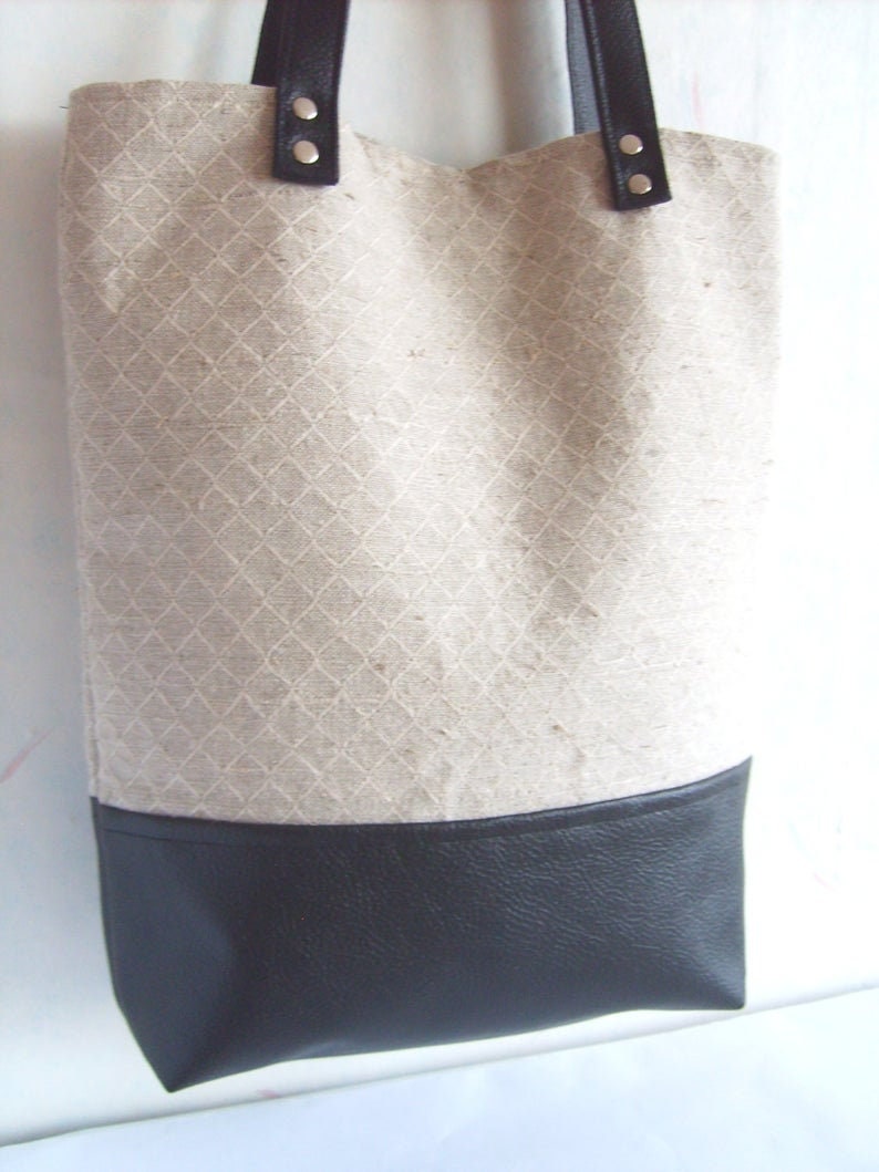 Leather Tote Linen Tote Geometric Print Tote Bag Caramel - Etsy