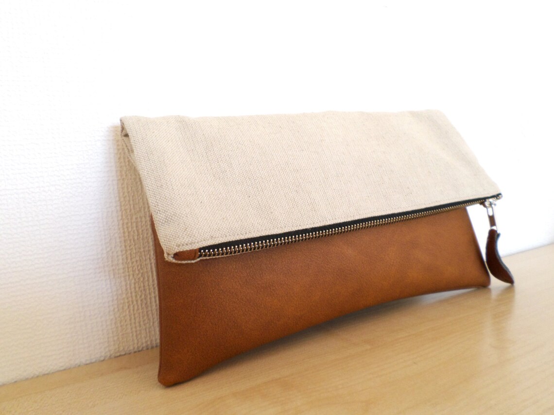 Leather and Linen Clutch Purse Vegan Leather Clutch Etsy