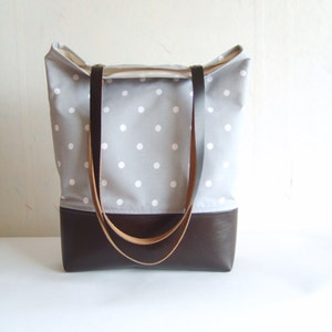 Polka dot tote bag, leather and canvas tote, grey tote bag, real leather handles, real leather strap image 1