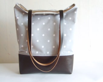 Polka dot tote bag, leather and canvas tote, grey tote bag, real leather handles, real leather strap