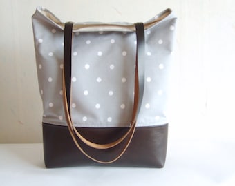 Sac fourre-tout à pois, fourre-tout en cuir et toile, sac fourre-tout gris, poignées en cuir véritable, bracelet en cuir véritable