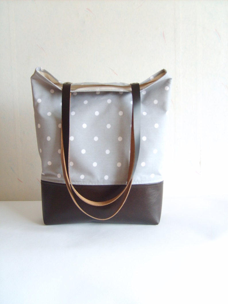 Polka dot tote bag, leather and canvas tote, grey tote bag, real leather handles, real leather strap image 1