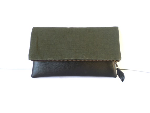 Leather and Linen Clutch Military Green Clutch Purse Fold Over