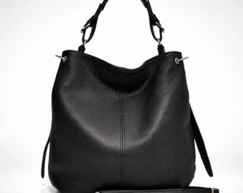 Full grain real leather shoulder purse, Zippered leather tote, Womens casual black bag, Top handle bag, Leather hobo bag, Black leather bag