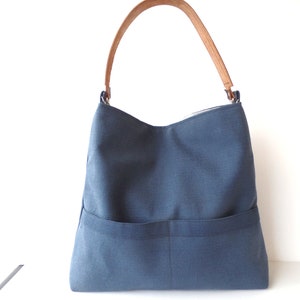Hobo tote handbag, Petrol blue cotton hobo bag with real leather handle, Bucket bag with exterior pockets