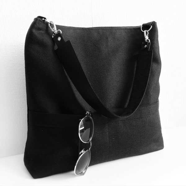 Hobo shoulder  hand bag, Black bag with real lether strap, Office work laptop bag, school book bag