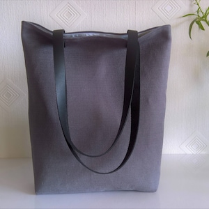Natural linen tote bag, Charcoal gray natural linen large tote bag with black real leather handles and cotton lining, Offie work bag image 5