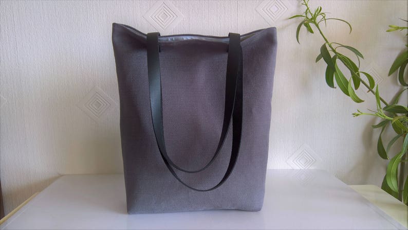 Natural linen tote bag, Charcoal gray natural linen large tote bag with black real leather handles and cotton lining, Offie work bag image 5