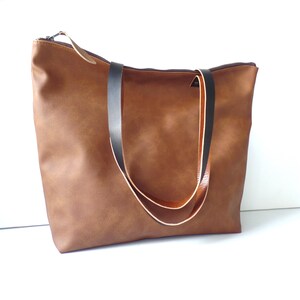 Cognac Brown Vegan Leather Tote Bag: Oversized Carryall with Zipper image 3