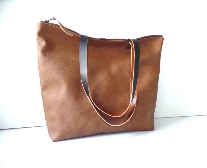 Cognac Brown Vegan Leather Tote Bag: Oversized Carryall with Zipper image 3