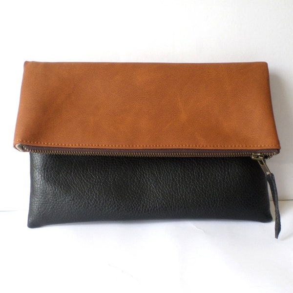 Leather clutch, Vegan leather colorblock clutch, Foldover clutch purse, Zippered clutch bag, Black and Brown clutch, Everyday casual clutch
