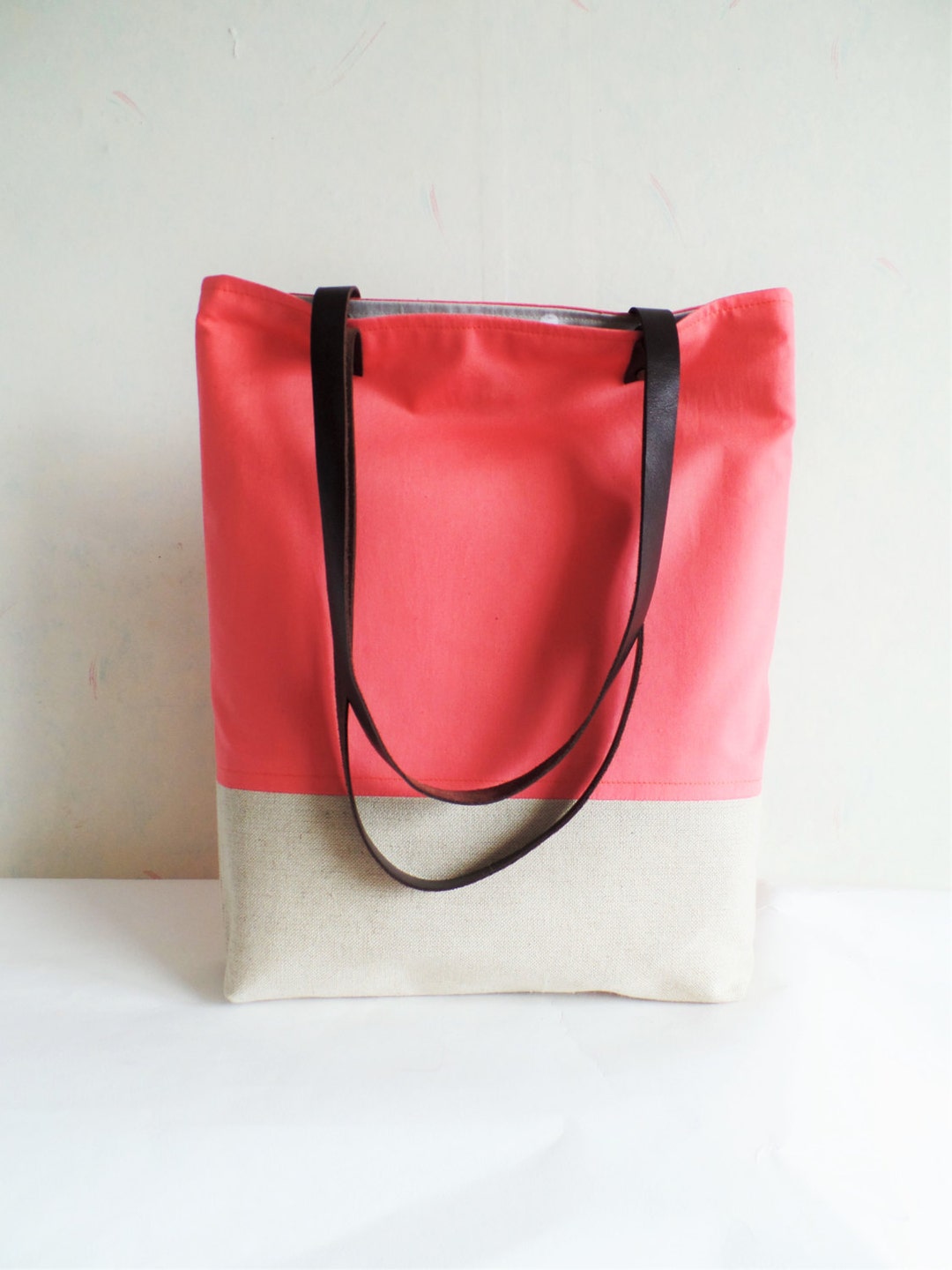 Coral Pink Tote Bag Salmon Pink Tote Bag Linen and Cotton - Etsy