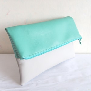 Mint clutch, vegan leather clutch, Foldover clutch purse, colorblock clutch