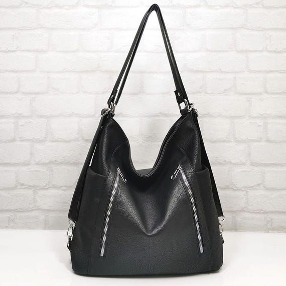 Convertible Vegan Leather Backpack, Black Hobo Bag - Etsy