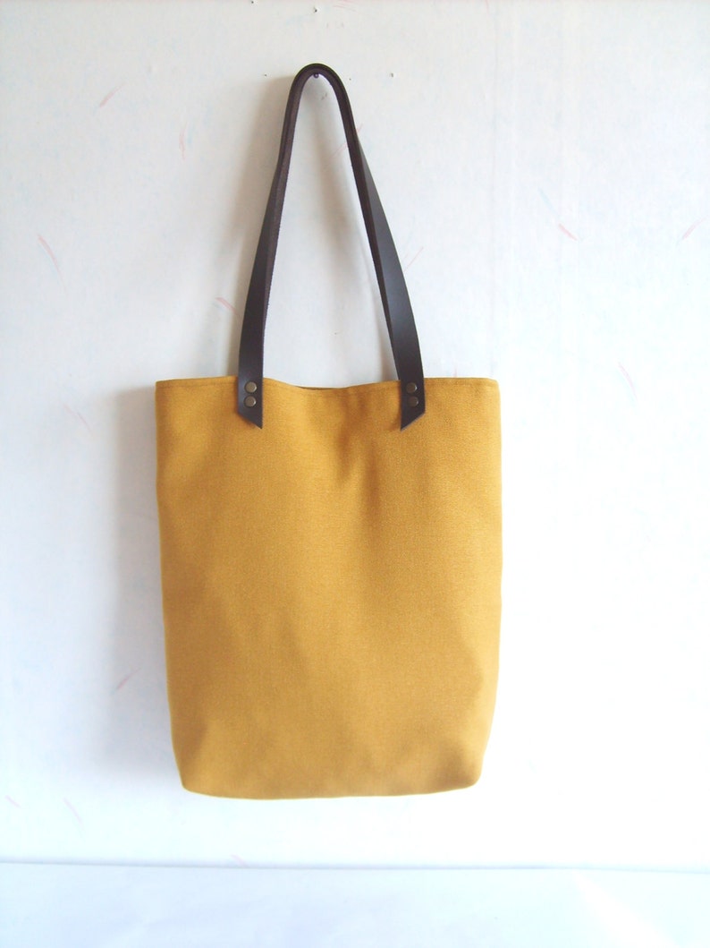 Mustard yellow bag, mustard yellow tote, leather straps, fall shoulder bag, autumn tote image 1