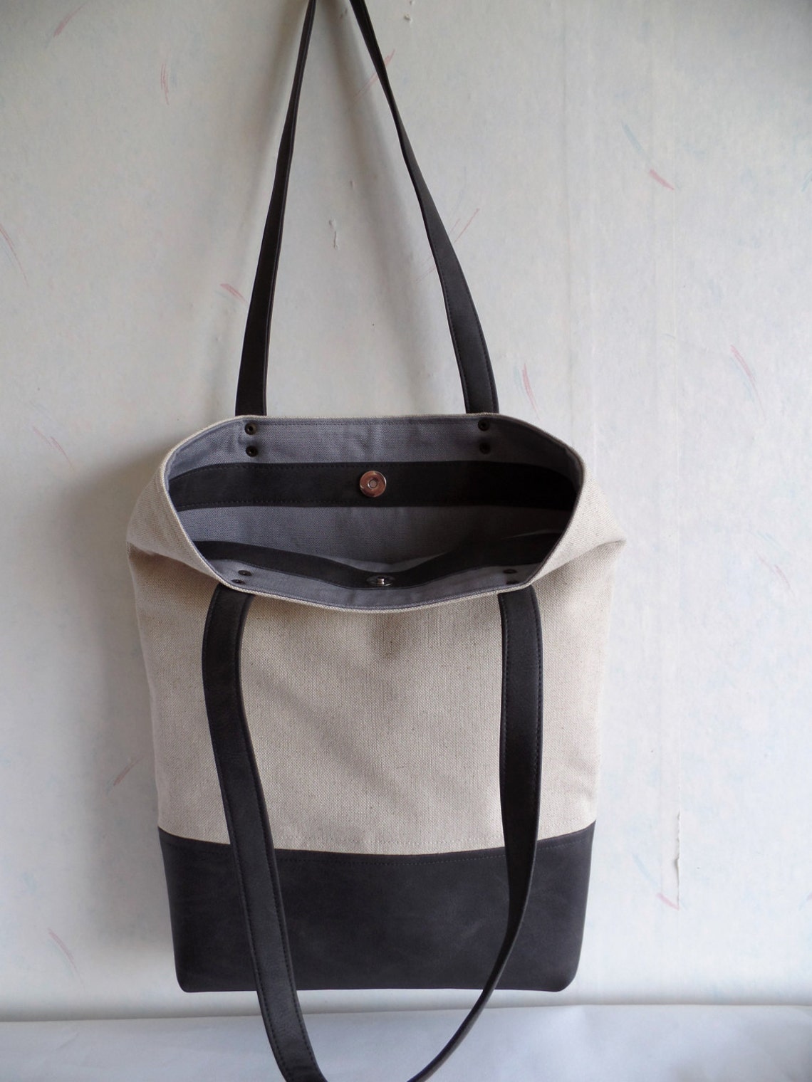 Linen and Leather Tote Bag Charcoal Gray Tote Canvas and - Etsy