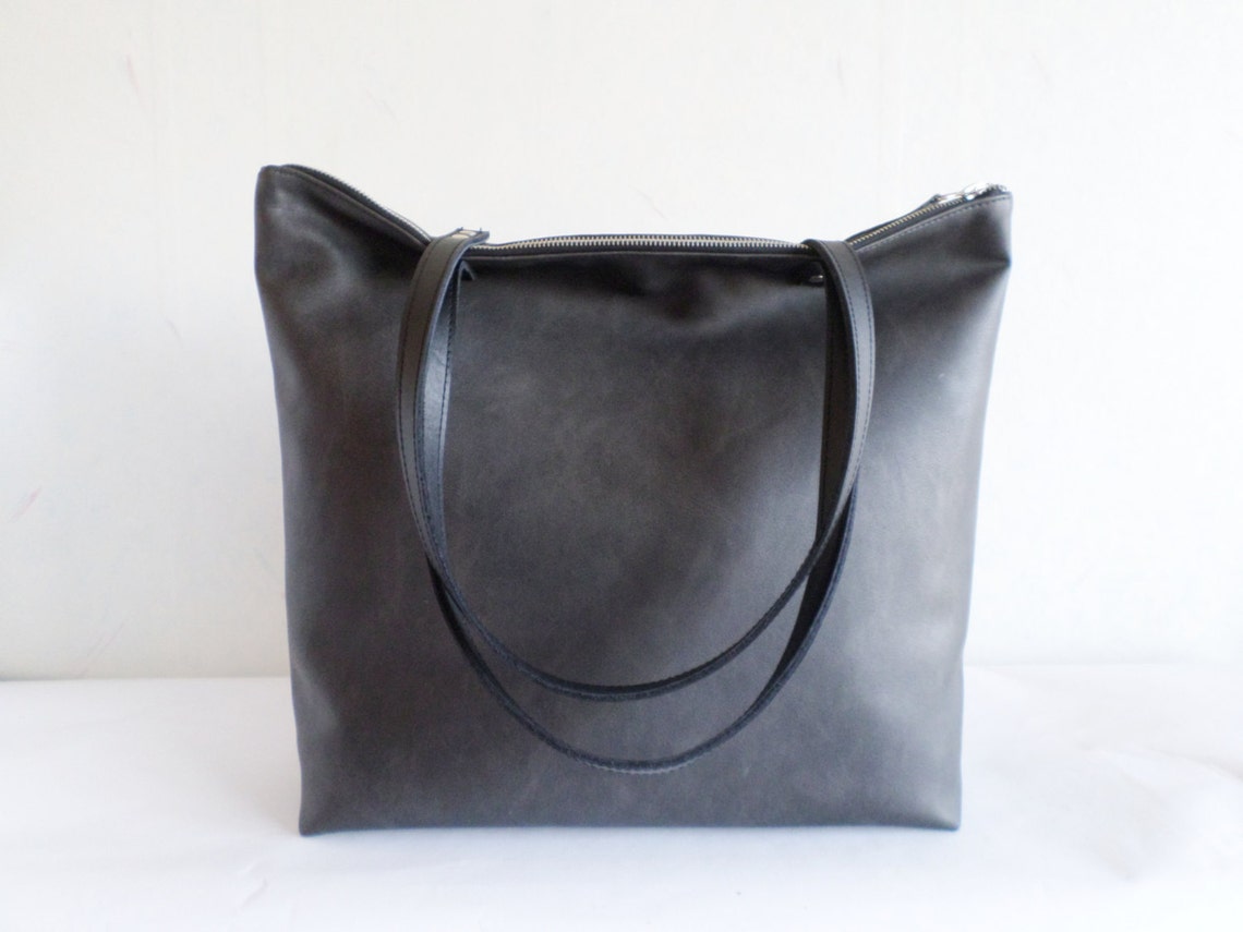 Large Vegan Leather Zipper Tote Bag Dark Gray Leather Tote Etsy
