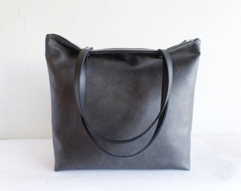 Large vegan leather zipper tote bag, Dark gray leather tote, Charcoal gray leather tote, Real leather handles, Heavy duty tote bag