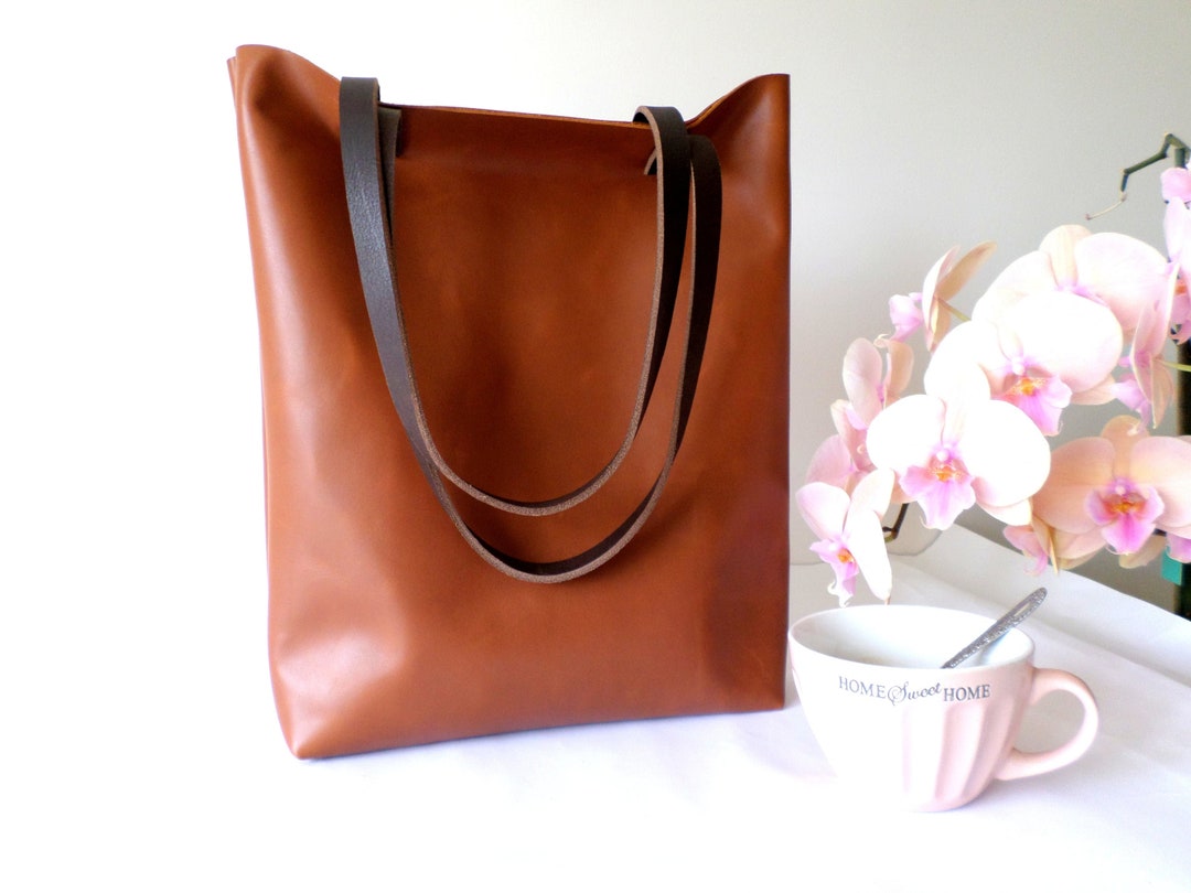 Leather Tote, Real Genuine Leather Large Everyday Casual Shoulder Tote Bag in Saddle Cognac