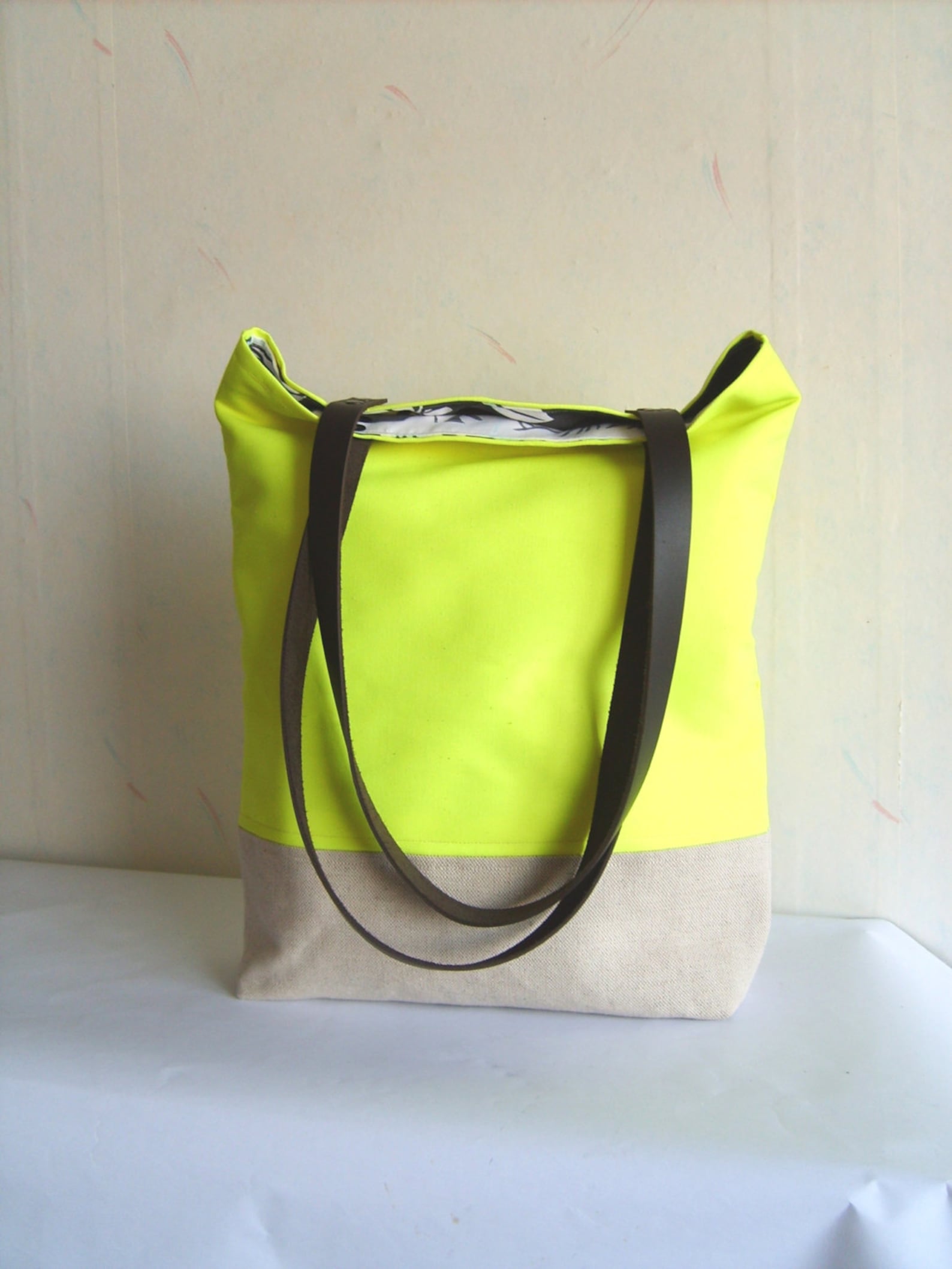 Neon Yellow Tote Bag Leather Handles Beach Bag Large Summer - Etsy