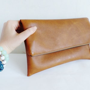 Vegan leather clutch, Leather clutch purse, Cognac brown clutch, Zipper clutch, Foldover clutch, Toffee brown clutch, Honey brown clutch image 4