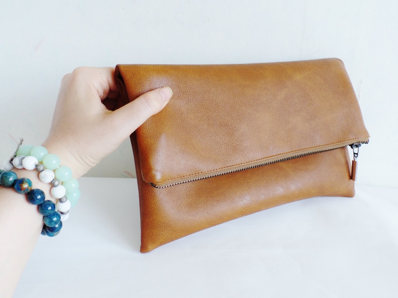 Vegan leather clutch Leather clutch purse Cognac brown Etsy