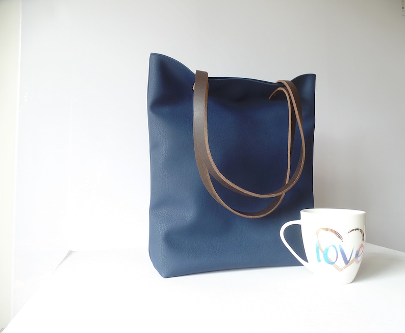 Navy Blue Vegan Leather Tote Bag Vegan Leather Shoulder Bag Etsy