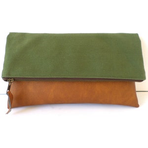 Leather and canvas clutch bag,  Cognac brown and olive green colorblock clutch bag, Hydrophobic cotton clutch bag