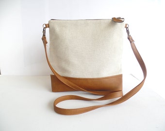 Umhängetasche aus Leder, Leinen-Umhängetasche, Messenger-Tasche, Umhängetasche in Cognacbraun und Beige mit verstellbarem veganem Lederband