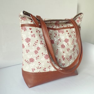 Floral Canvas Tote Bag: Vegan Leather Diaper Bag with Zipper