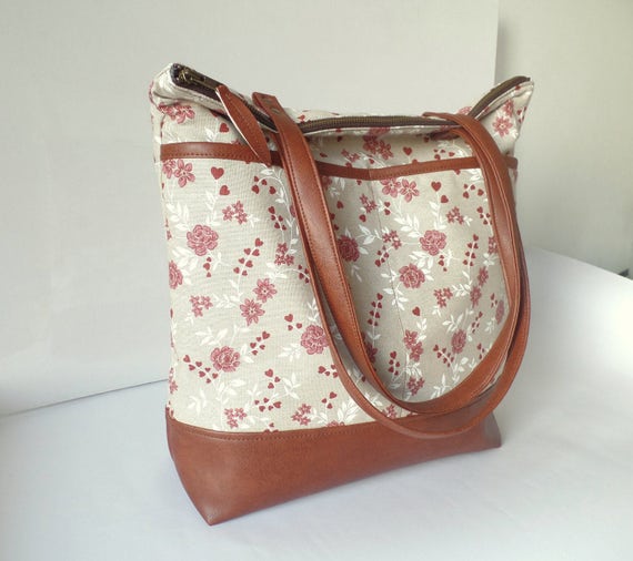 Floral Canvas Tote Bag: Vegan Leather Diaper Bag with Zipper