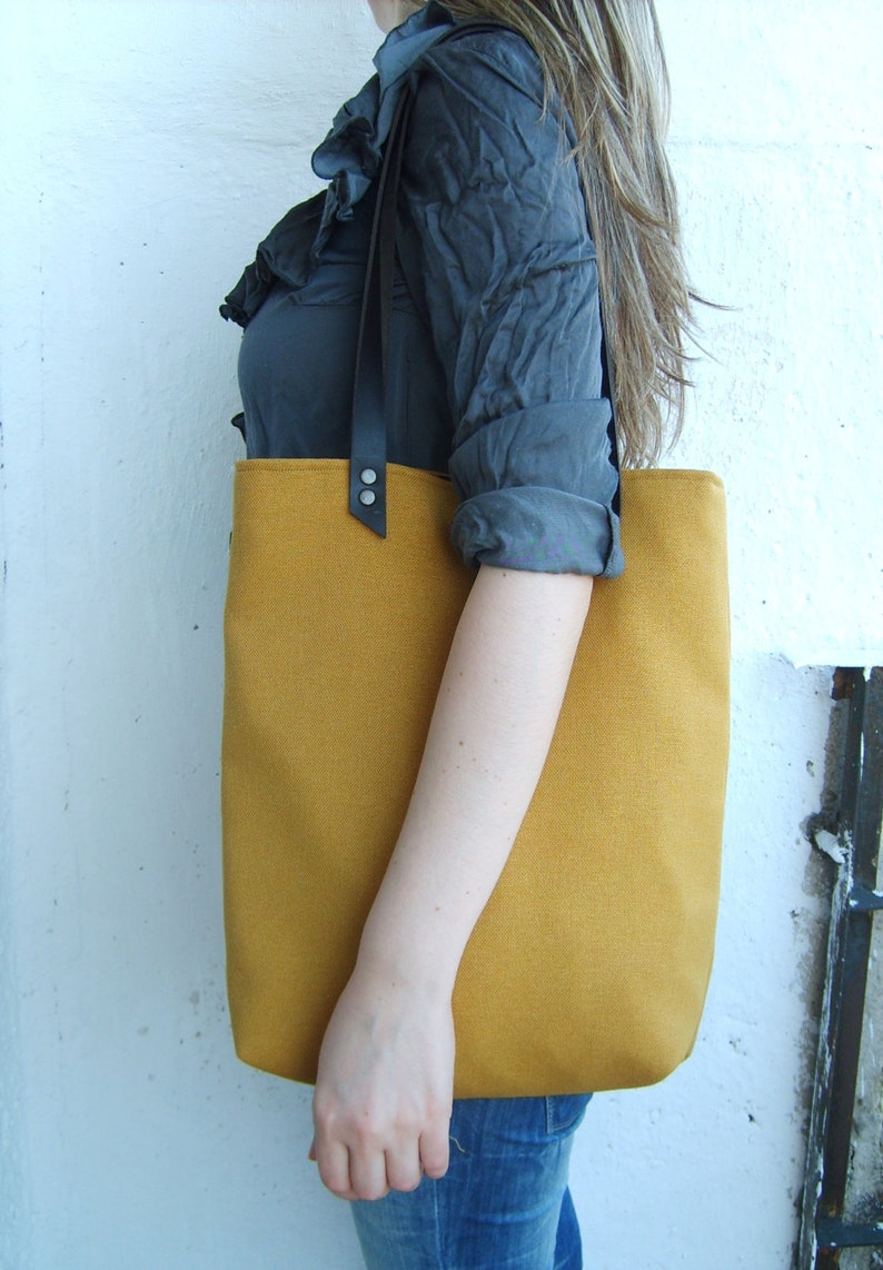 Mustard yellow bag, mustard yellow tote, leather straps, fall shoulder bag, autumn tote image 3