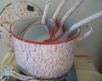 Vintage collection of five Matching FRENCH ENAMEL SAUCEPANS / Cooking Pans.