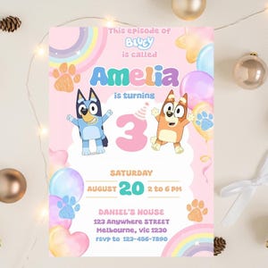 Modèle de toile de couleur arc-en-ciel pastel pour invitation d'anniversaire Bluey | Carte imprimable à téléchargement immédiat | 2ème 3ème 4ème anniversaire Invitation