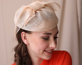 Wedding fascinator hat for women, millinery bow church hat, Peach hatinator