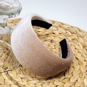 Luxus Beige Samt Gepolsterte Haarband mit funkelnden Strasssteinen - Eleganter extra großer Kopfschmuck für Frauen, Hochzeit & Besondere Anlässe