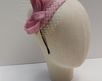 Pink Sinamay Fascinator: French Netting Veil, Tear Drop Hatinator