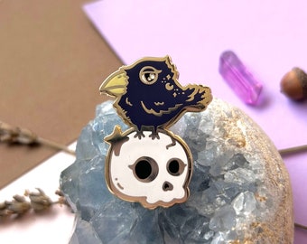 Sassy Crow and Skull Enamel Pin, Raven Lapel Pin, Skull Enamel Pin
