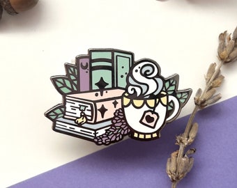 Books with Tea Enamel Pin, Teacup Enamel Pin, Book Enamel Pin
